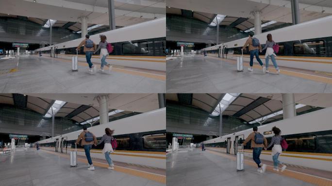 站台上追赶高铁的年轻伴侣