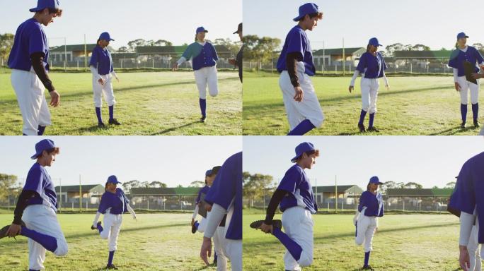 不同组别的女棒球运动员在教练的指导下，在球场上热身，站立，伸展腿