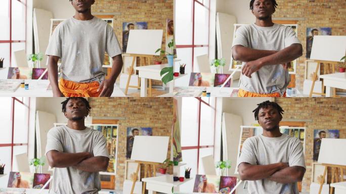 非裔美国男性艺术家肖像与双臂交叉在艺术工作室