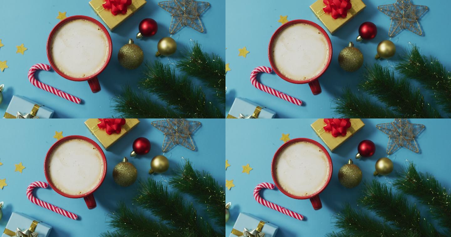 圣诞装饰的视频与咖啡和礼物在蓝色的背景