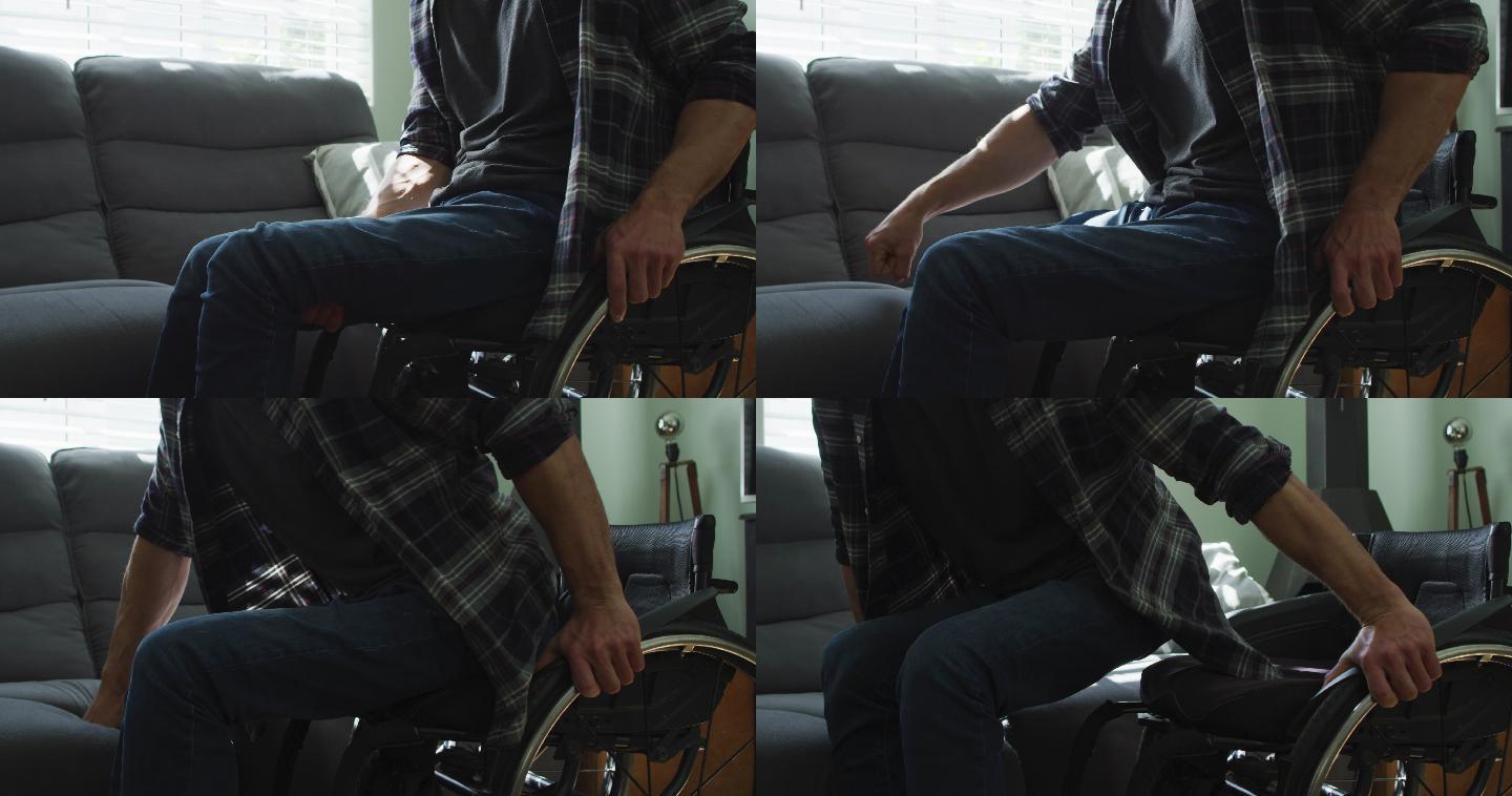 坐轮椅的白人残疾人坐在客厅的沙发上