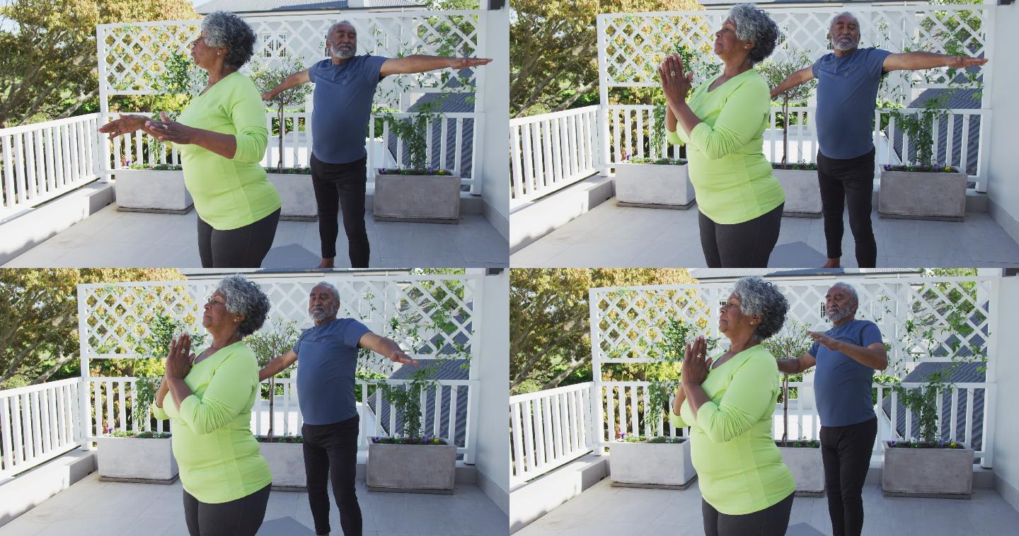 动画轻松的非洲裔美国高级夫妇练习瑜伽在天井
