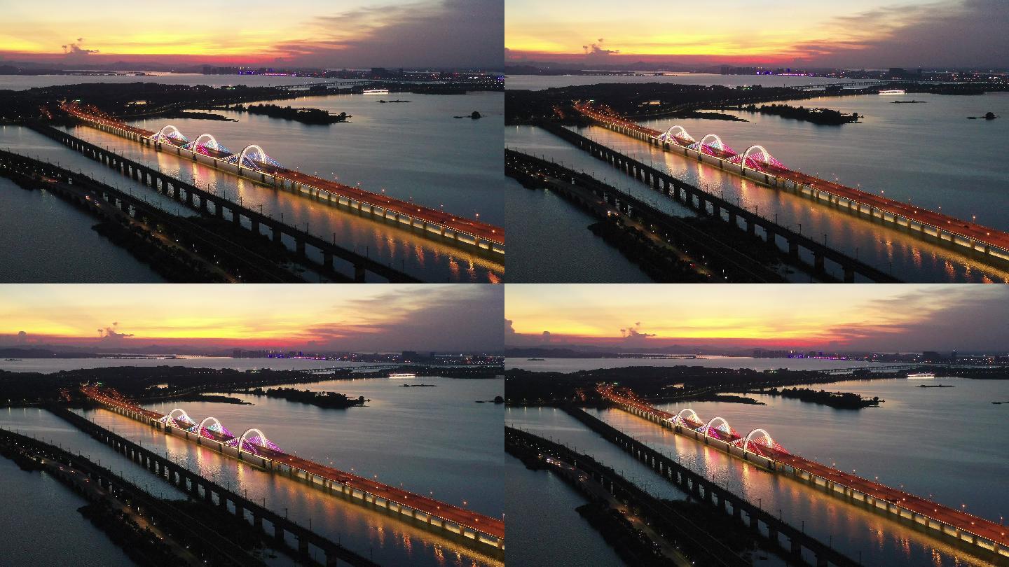 九江八里湖桥梁黄昏航拍视频