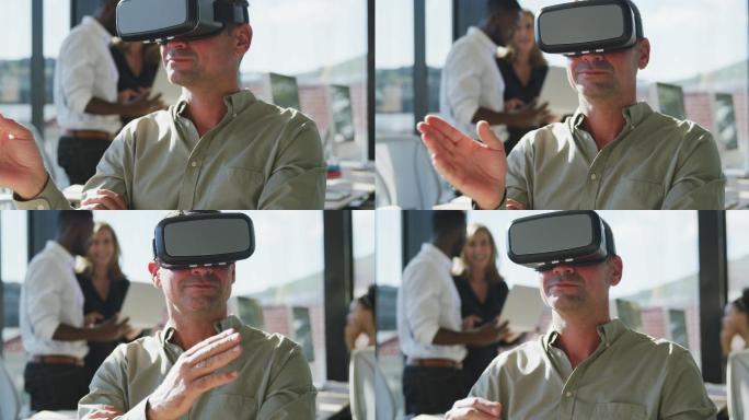 男子戴VR头盔人机互动体验试验开发研究研