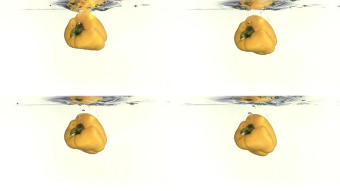 水中的黄椒特写黄椒黄色彩椒落水广告片特写