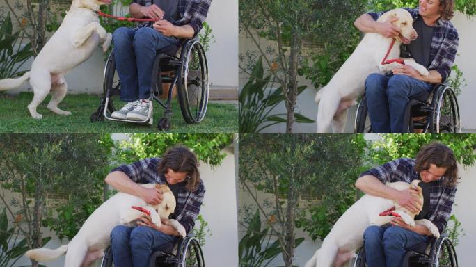 坐在轮椅上微笑的白人残疾人在街上与宠物狗玩耍