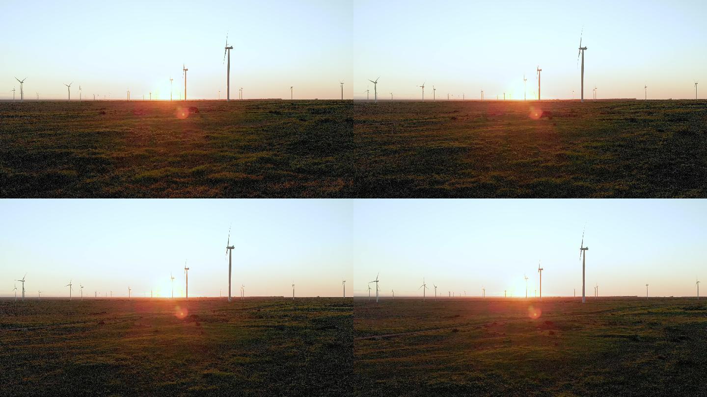 在无云的天空下，乡村风景中的风力涡轮机的一般视图