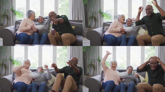 快乐的黑白混血老年夫妇和非洲裔美国朋友看电视爆米花