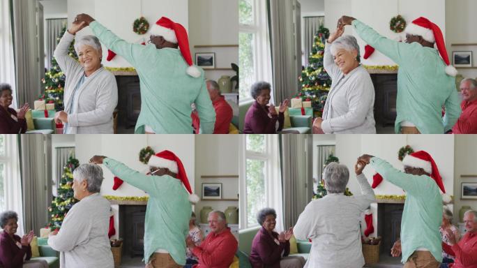 快乐多元的老年夫妇和朋友在圣诞期间一起跳舞