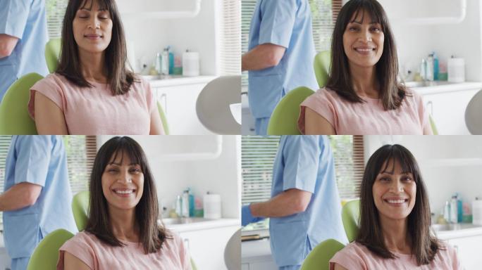 微笑的混血儿女病人看着镜头在现代牙科诊所的肖像