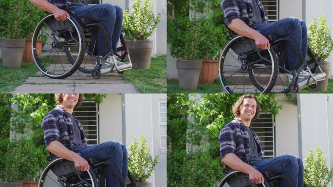 微笑的白人残疾人肖像在轮椅上看着相机