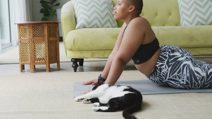 快乐的非裔美国胖女人练习瑜伽，和她的宠物猫在客厅里伸展身体