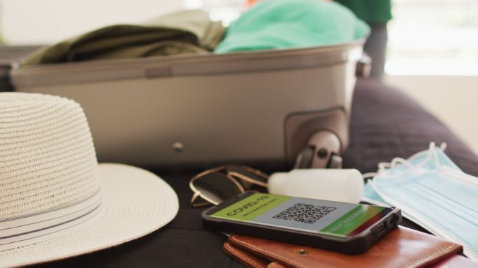 假日手提箱带口罩和消毒凝胶，智能手机带新冠肺炎疫苗护照