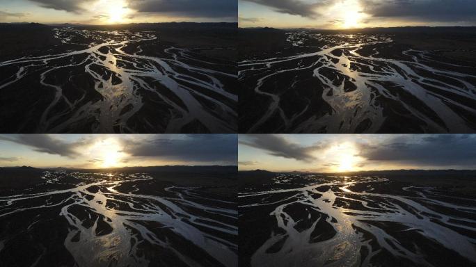 4K航拍夕阳下的长江源的辫状河道