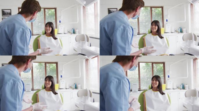 在现代牙科诊所，白人女牙医带着面具为微笑的女病人做准备