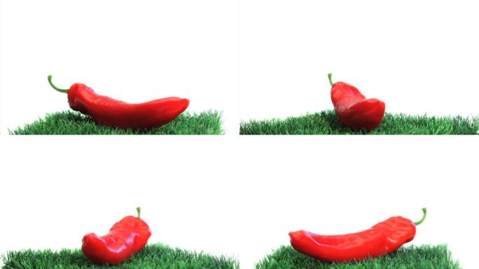 草上的红辣椒特写特写拍摄绿色无公害红辣椒
