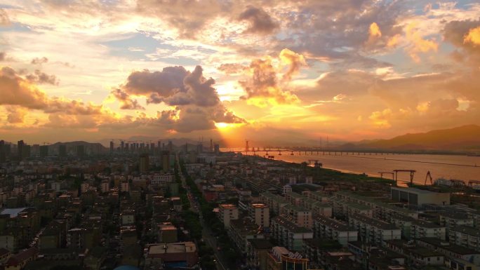 航拍 晚霞 火烧云 台州 椒江大桥 城市