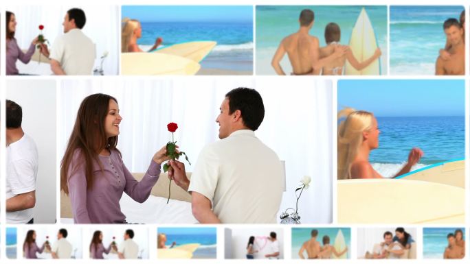 夫妻互动片段特效欢快快乐黄昏旅行海滩日落