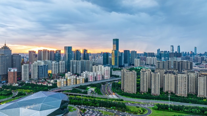 大气航拍延时-沈阳浑南青年大街晚霞阴雨