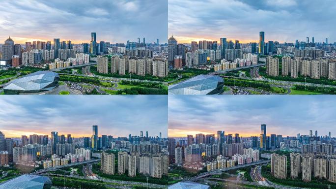 大气航拍延时-沈阳浑南青年大街晚霞阴雨