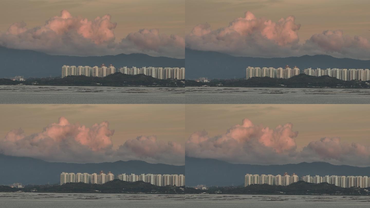 4K正版-航拍黄昏云彩下的香港城市居民区