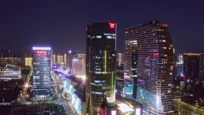 晚上杭州滨江市区现代建筑航拍