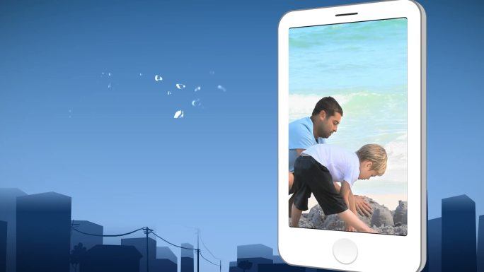 动画手机播放一家人在海滩玩耍视频特效