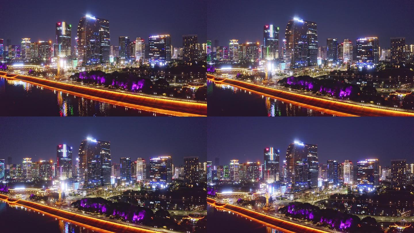 晚上杭州滨江市区现代都市夜景航拍