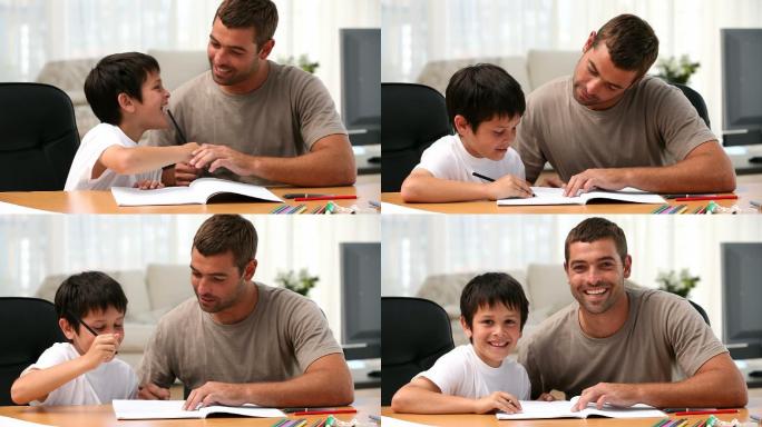 爸爸和儿子一起做作业特写