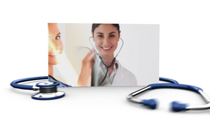 医生和护士与听诊器的白色背景动画