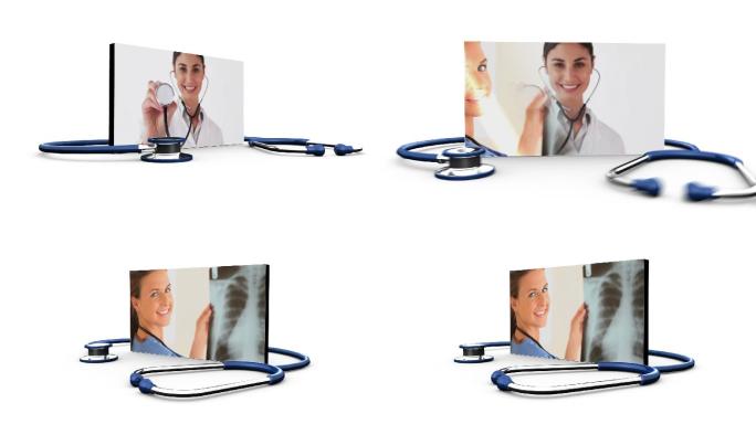 医生和护士与听诊器的白色背景动画