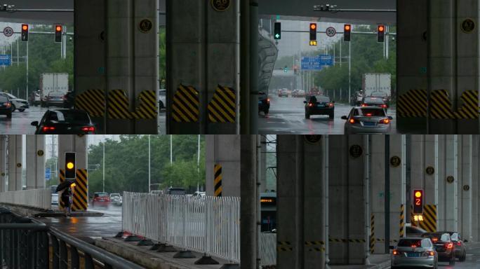 城市高架桥下雨天汽车和行人