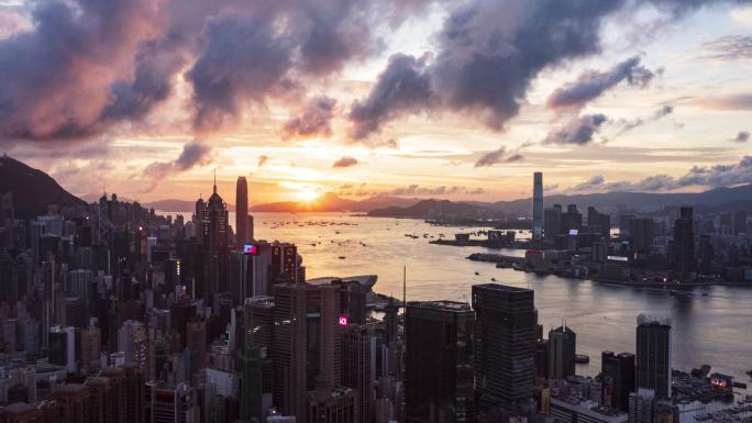 中国香港航拍日落延时金光城市回归25周年