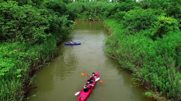 4K航拍原始自然的上海迪士尼皮划艇之家