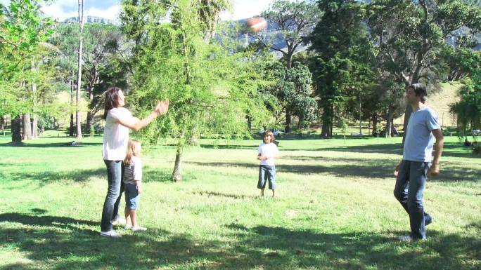 家庭在公园里玩球特写