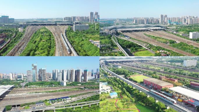 4K航拍长沙南站动车组、磁浮列车运行