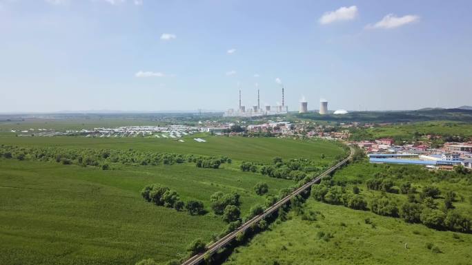航拍新农村 新能源 发电厂 高铁线 公路