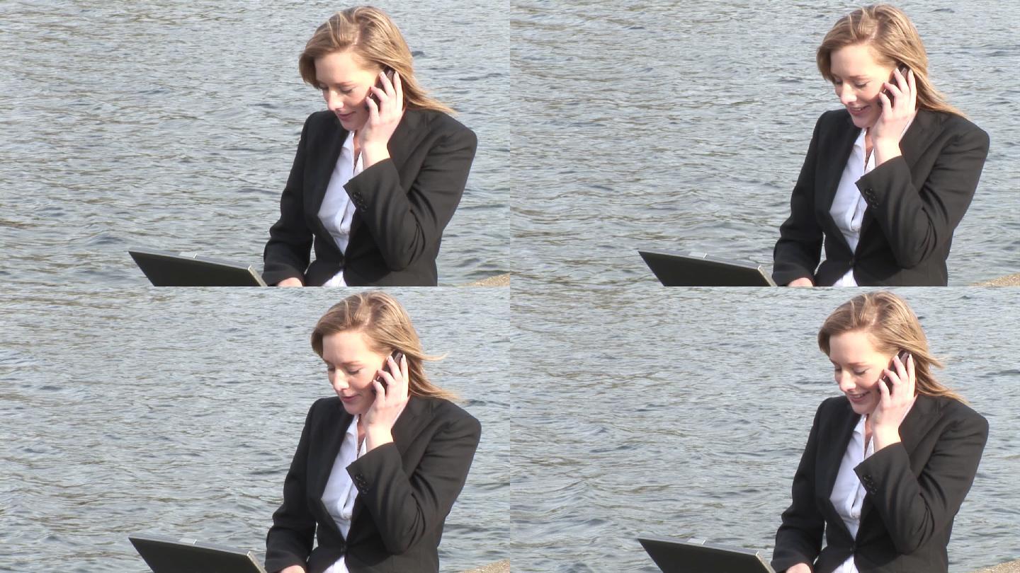 一名女商人在户外工作特写