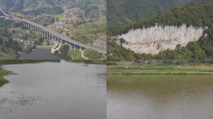 乡村田野高山马路湖泊航拍