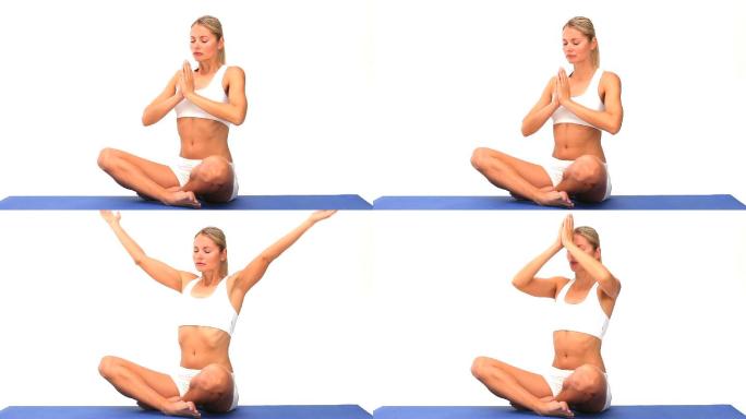 一个白人女性做瑜伽，在白色背景下