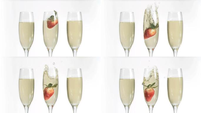 草莓落在香槟杯里慢镜头