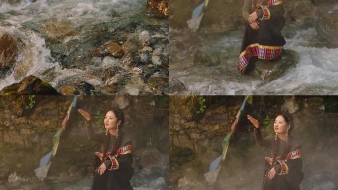 河水石头上的藏族女子