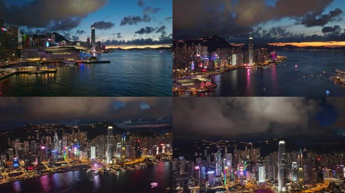 中国香港维多利亚港夜景航拍素材香港回归