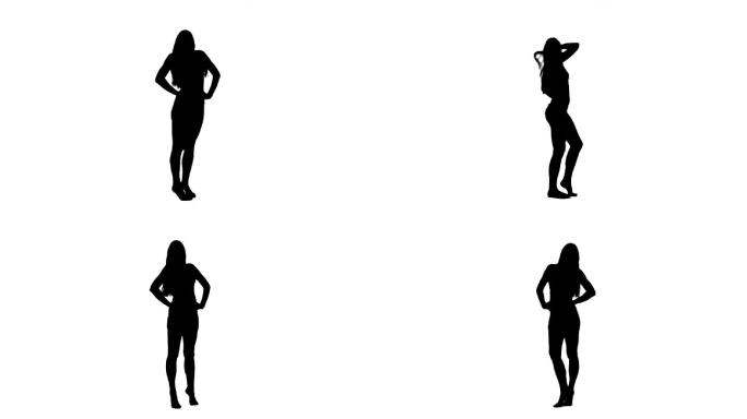 一个女人在白色背景下为相机摆姿势的剪影