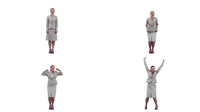 一个西方女性伸展跳跃慢动作，在白色背景下