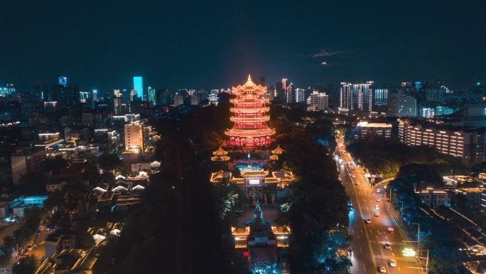 湖北武汉黄鹤楼夜景航拍延时龟山蛇山