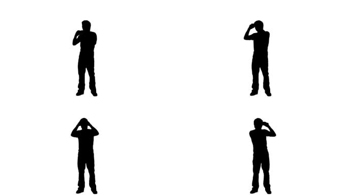 在白色的背景下，一个轮廓分明的男人正在用双筒望远镜