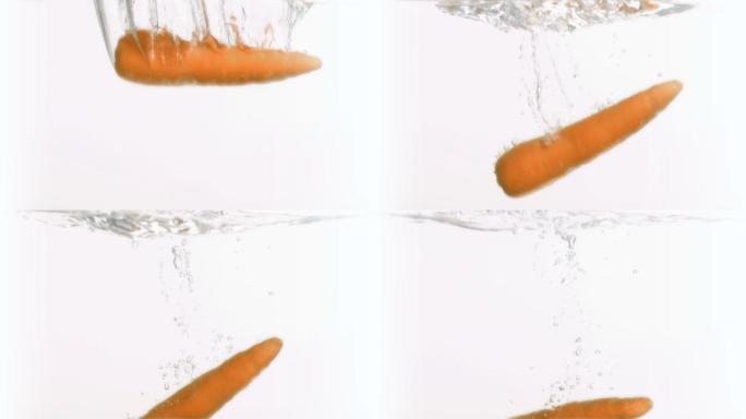 胡萝卜在白色背景下以超慢镜头落入水中