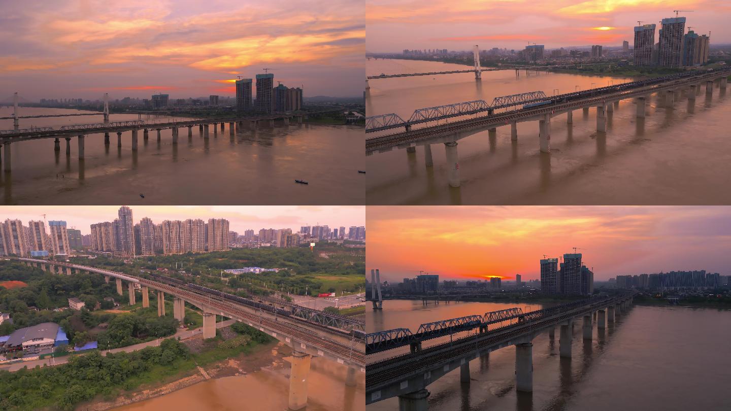 夕阳下的高铁，火车，湘潭三大桥4K