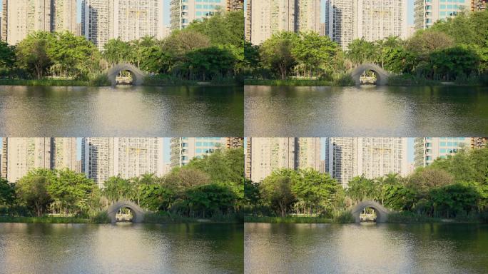4K正版-实拍深圳四海公园石桥人工湖景观
